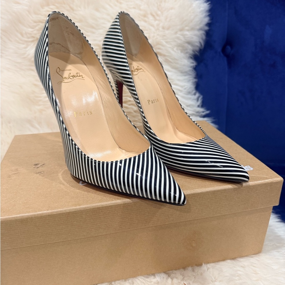 Christian Louboutin Black and White Striped Patent Leather Pumps
